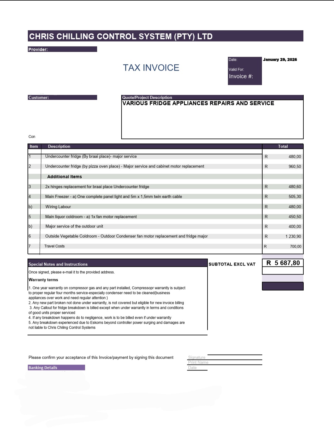 Tax Invoice — Fridge Appliance Repairs